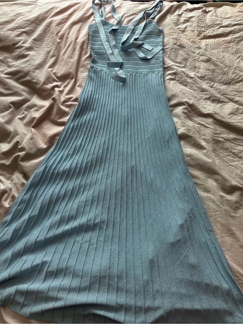 Endless Rose Blue Pleated Knit Maxi Dress Tie Strap Size M - Picture 3 of 11